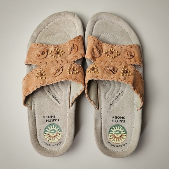 Earth Shoes - Earth Shoe 7W Conway Amber Tan Suede Beaded Boho Slide Sandals